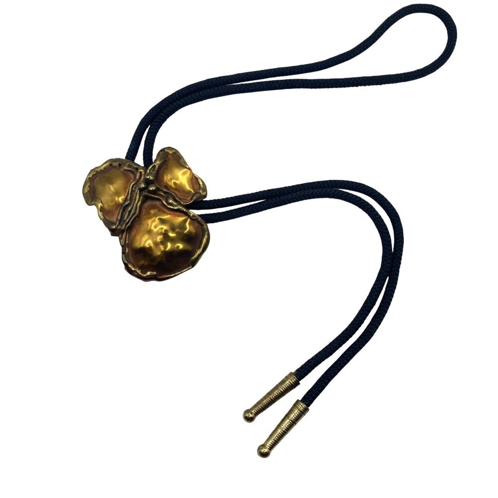 Vintage Brass Bolo Tie Necklace Gold-Toned Brutalist Modernist Pendant 34" Boho